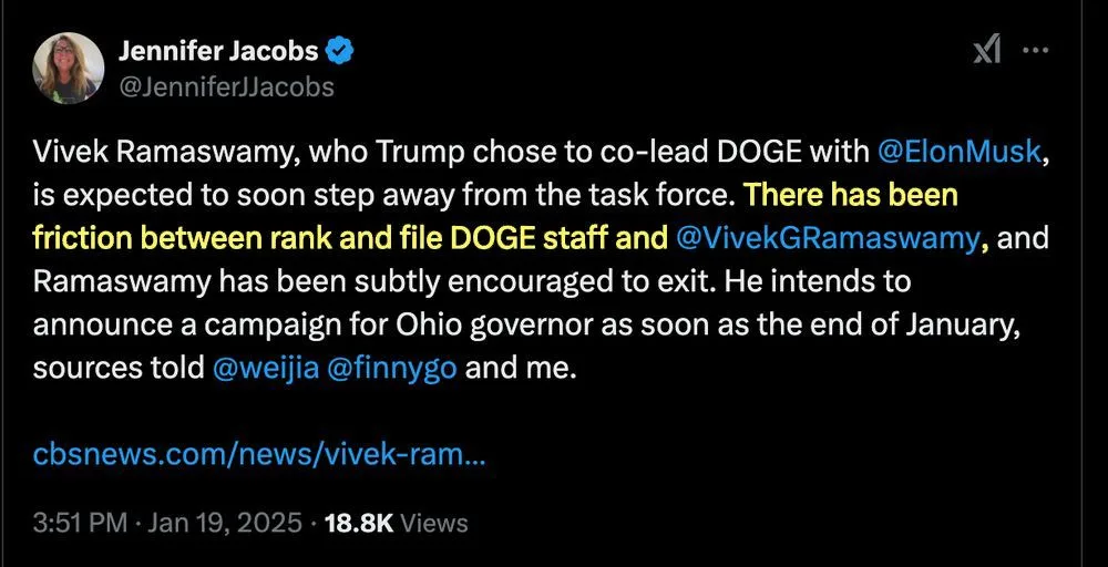 A screenshot of a tweet by Jennifer Jacobs, dated Jan 19, 2025, reporting that Vivek Ramaswamy is expected to step away from…