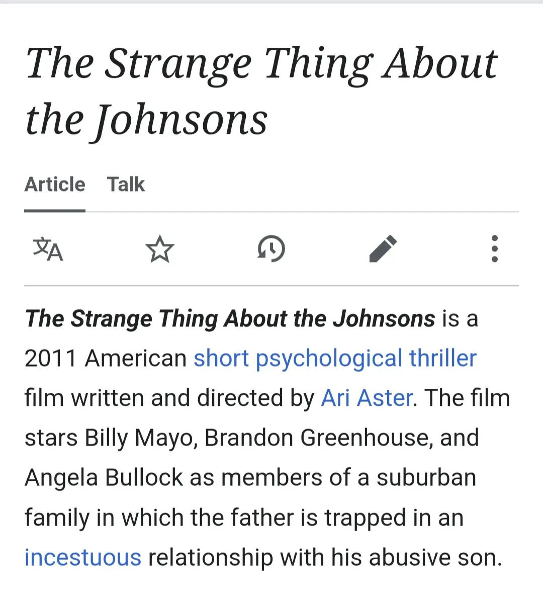A screenshot of a Wikipedia article titled 'The Strange Thing About the Johnsons' shows its summary text. The article…