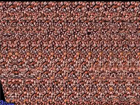 The image displays a dense, textured background of roasted coffee beans, with a subtle 3D-like visual effect created by…
