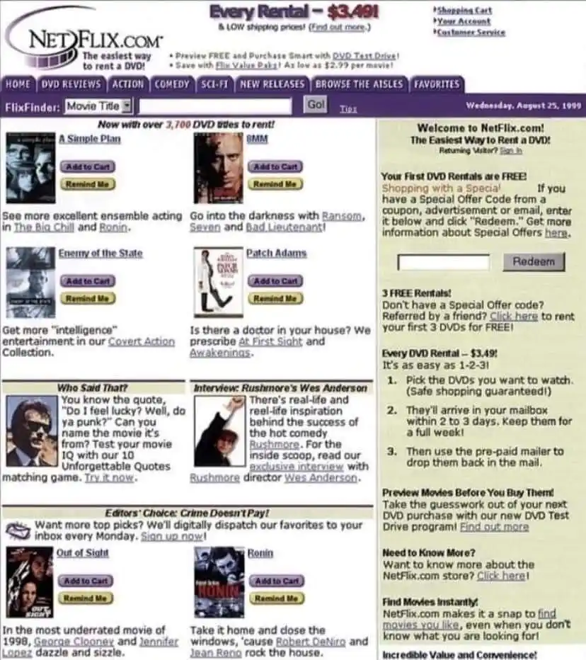 A screenshot of the Netflix.com homepage from August 25, 1999, showing a purple header with navigation links and a main…