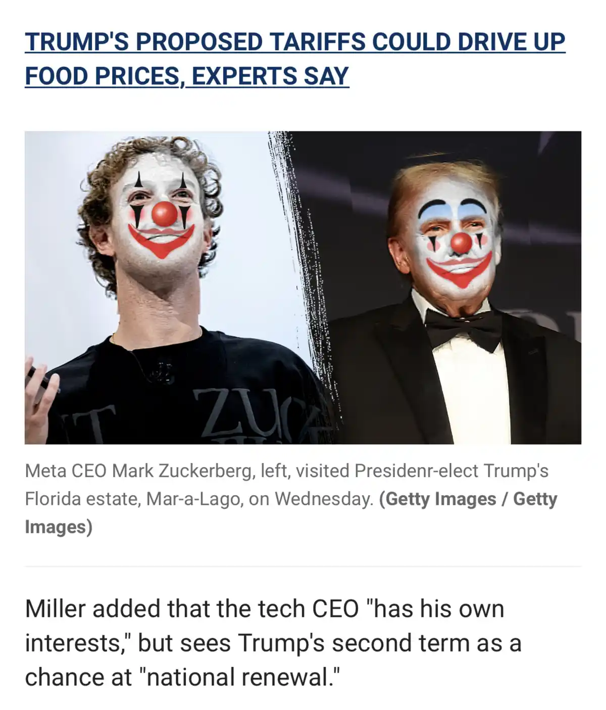 The image shows two men, Mark Zuckerberg on the left and Donald Trump on the right, both digitally edited with clown makeup…