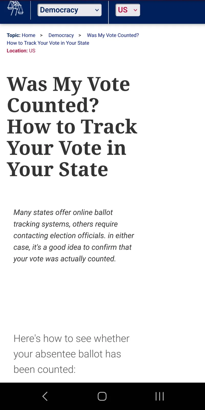 A screenshot of a webpage titled 'Was My Vote Counted? How to Track Your Vote in Your State' from a site about US democracy…
