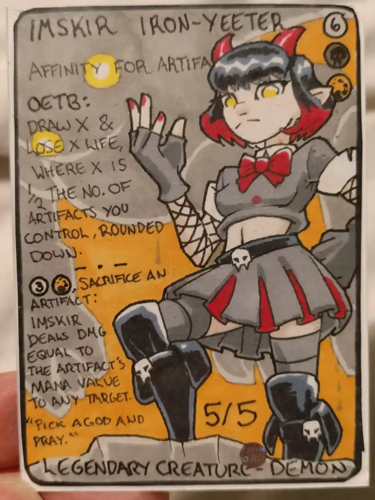 A hand-drawn fantasy trading card features a demonic girl with blue hair, red horns, and a grey outfit with red accents. She…