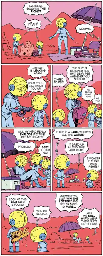 A comic strip shows a family of astronauts on a picnic on a red, barren planet. The mother astronaut is patching up her…