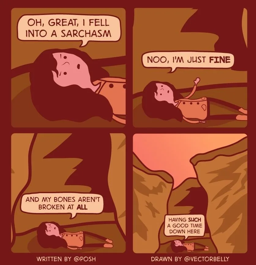 A four-panel comic strip shows a character falling into a canyon, initially lamenting the fall, then denying injury, and…