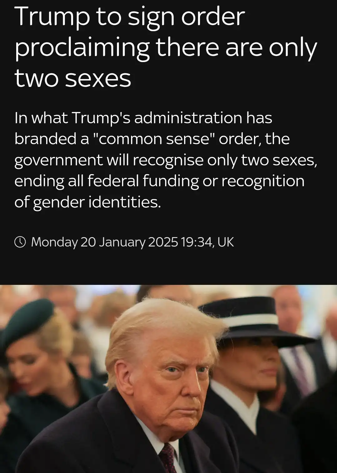 The image shows a photo of Donald Trump looking serious, overlaid with text claiming he will sign an order recognizing only…