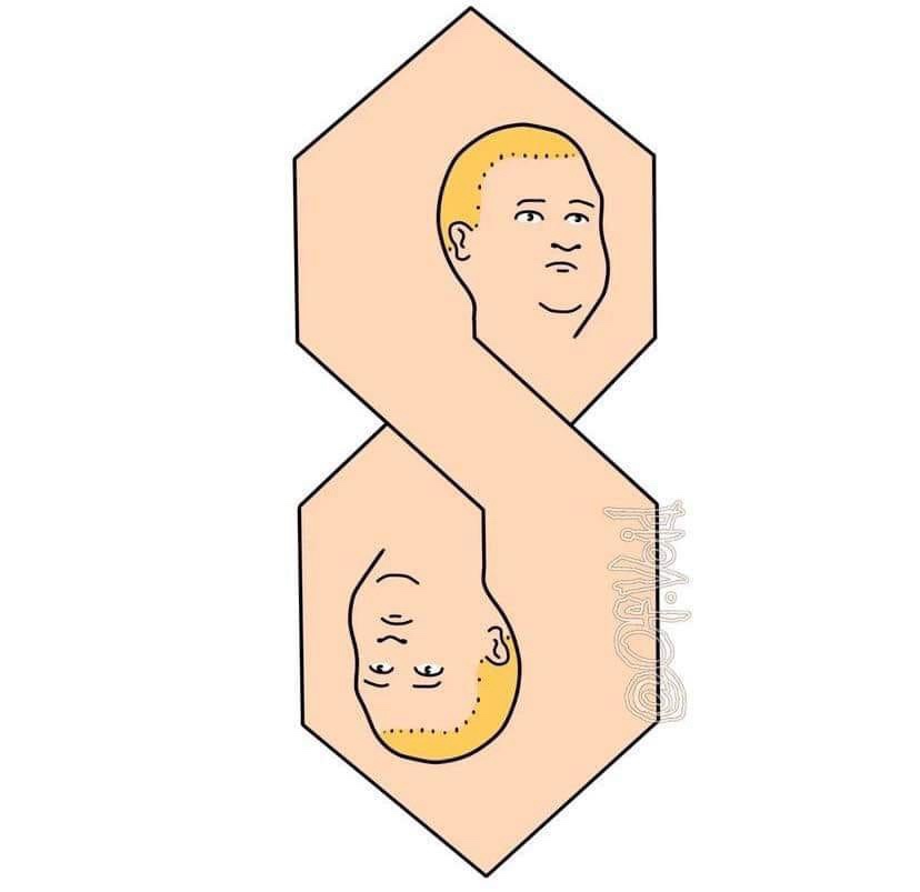 The image shows a stylized, cartoonish depiction of a man's head with a receding hairline and a baby's head with a full head…