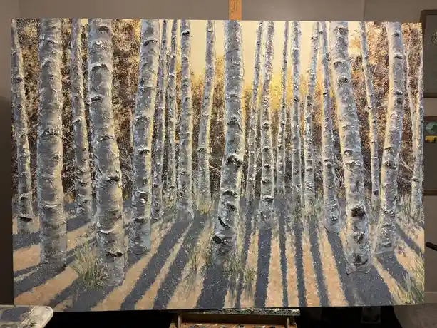 A large, textured painting of a birch forest with tall, white-barked trees casting long shadows on a golden-brown ground…