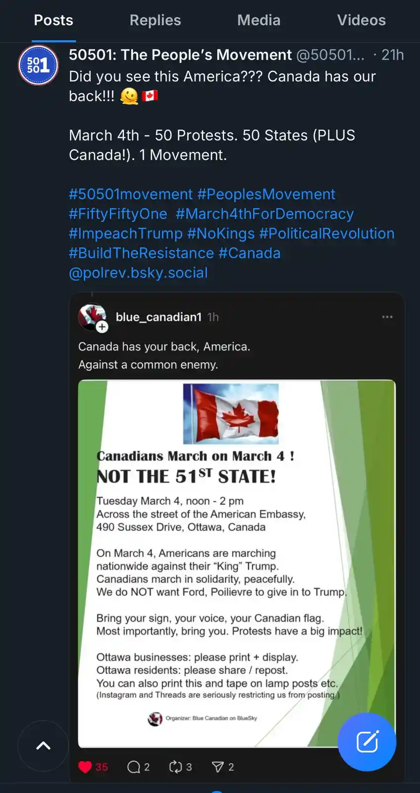 A screenshot of a BlueSky social media post showing a Canadian protest flyer. The flyer, featuring a Canadian flag…