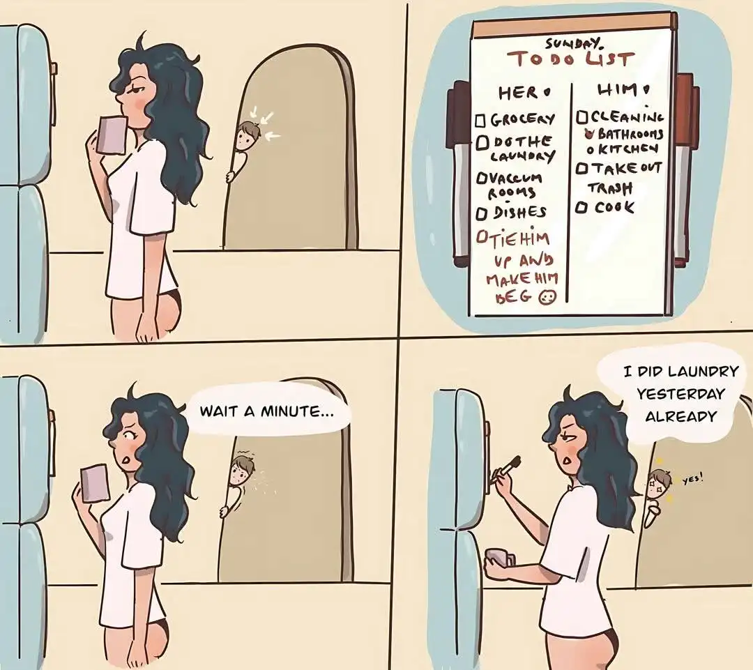 A four-panel comic shows a woman looking at a 'SUNDAY TO DO LIST' divided into 'HER' and 'HIM' tasks. The 'HER' list…