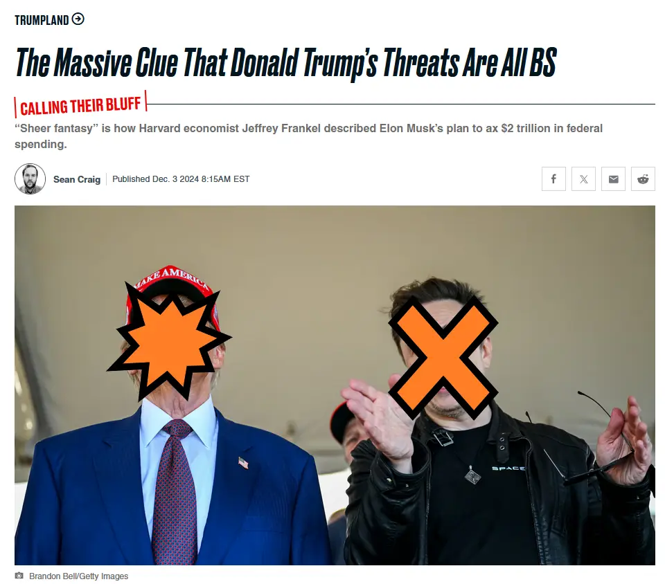 An image mimicking a news article from 'TRUMLAND' with the headline 'The Massive Clue That Donald Trump's Threats Are All…