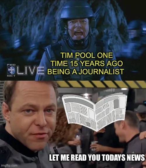 The top panel shows a man in a helmet yelling, with text overlay reading 'TIM POOL ONE TIME 15 YEARS AGO BEING A…