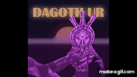 A six-frame gif shows the purple, muscular, horned character Dagoth Ur from the game 'The Elder Scrolls Online' performing a…