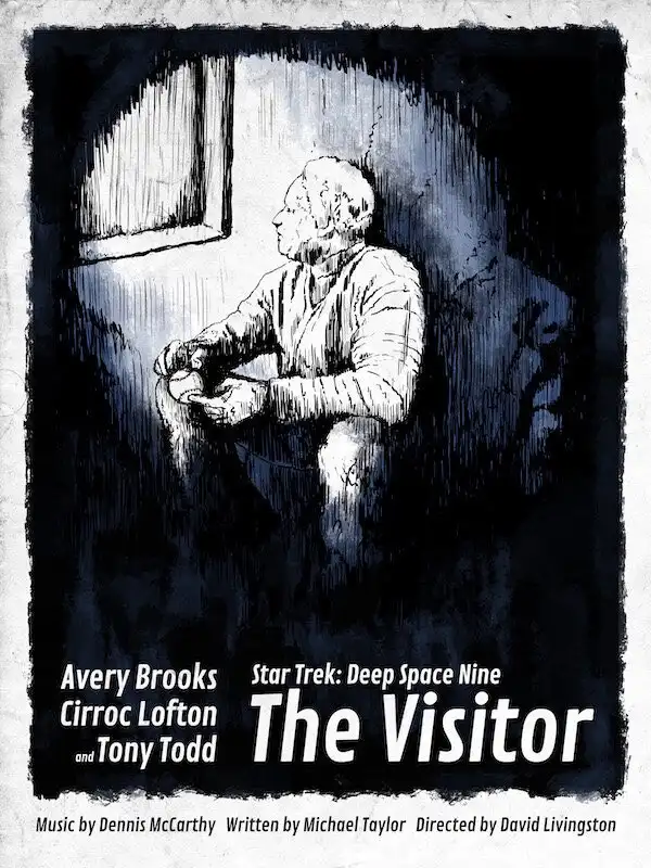 A black-and-white illustrated poster for the Star Trek: Deep Space Nine episode 'The Visitor,' showing an elderly man…