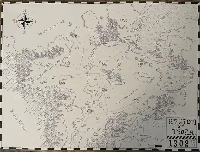 A hand-drawn fantasy map titled 'REGION OF ISOLA 1302' features labeled geographical features like mountains, rivers…