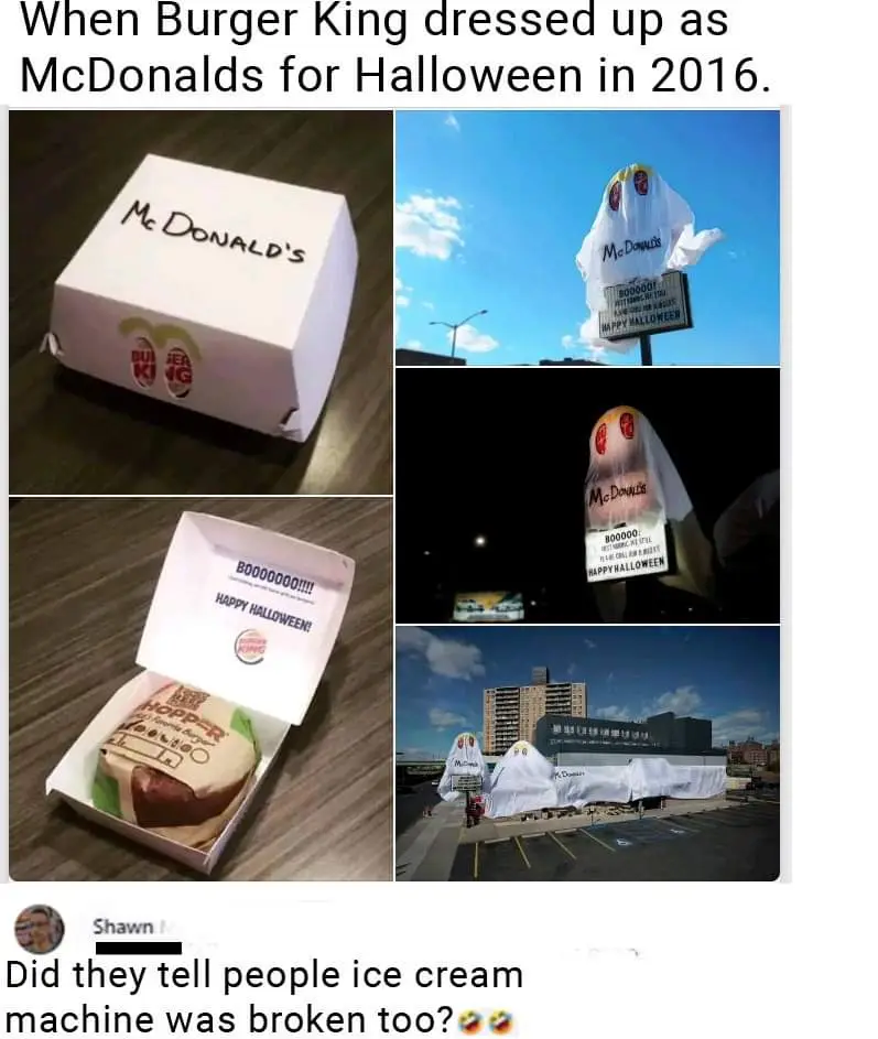 A collage of five images showing Burger King's 2016 Halloween promotion where they impersonated McDonald's. It includes a…