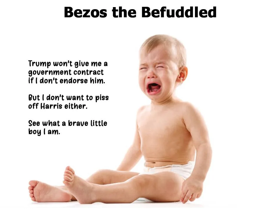 A crying baby in a diaper sits against a white background, with overlaid text reading 'Bezos the Befuddled' and a…