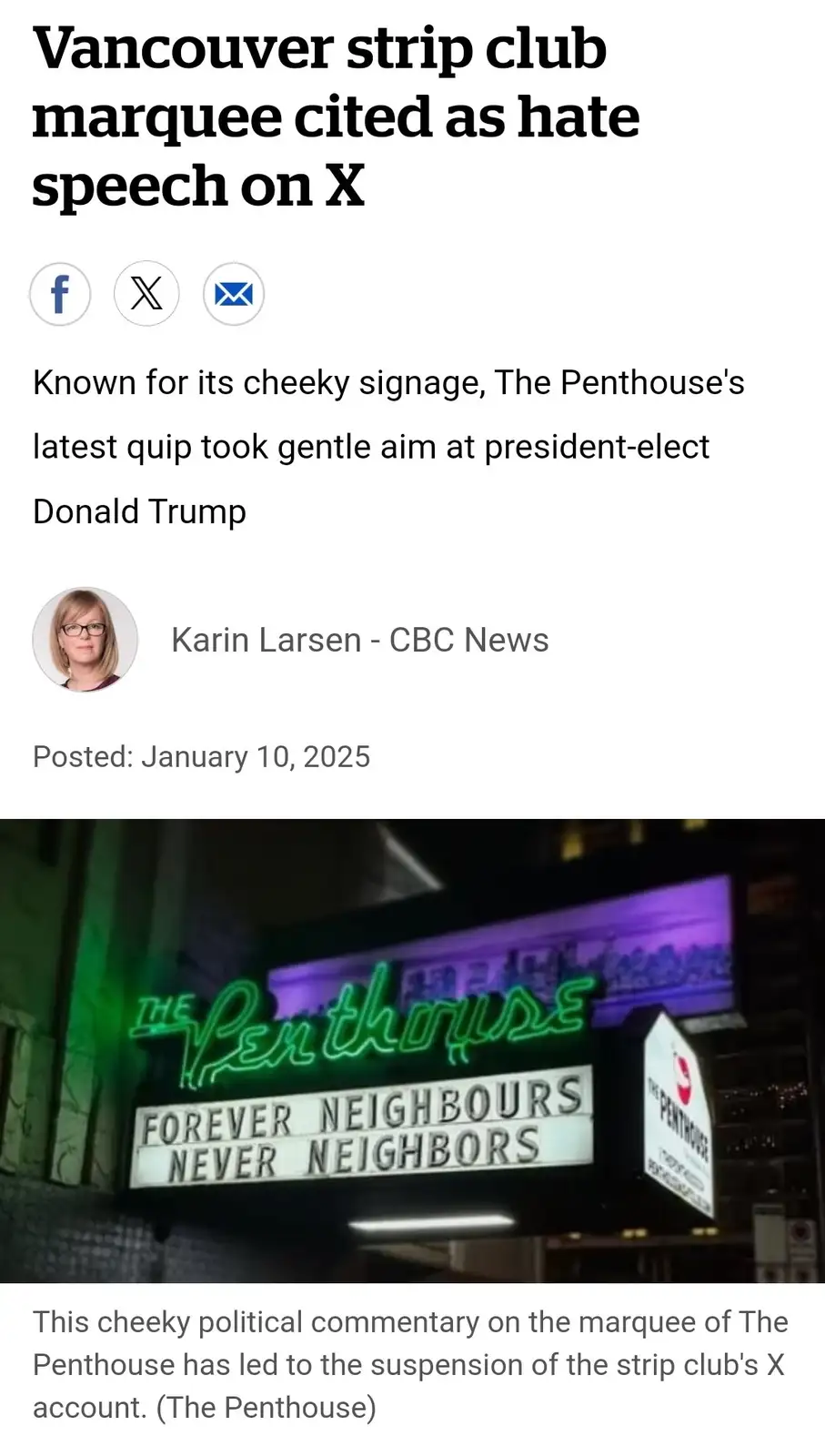 A news article screenshot shows a neon sign for 'The Penthouse' strip club with the marquee text 'FOREVER NEIGHBOURS NEVER…