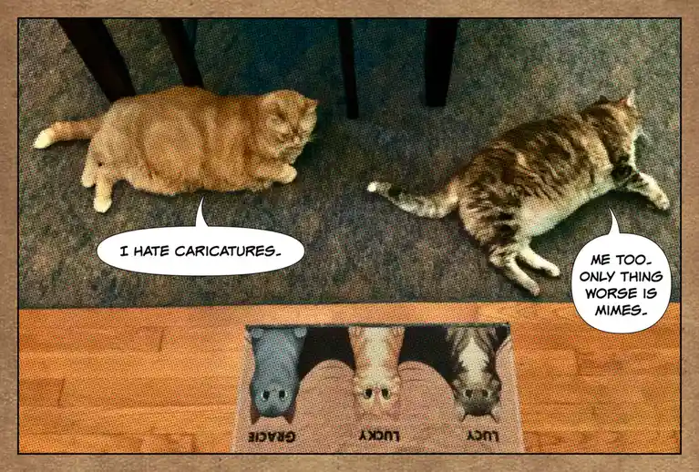 Two cats lie on a carpeted floor, one orange tabby and one tabby with white paws, each with a speech bubble. The orange cat…
