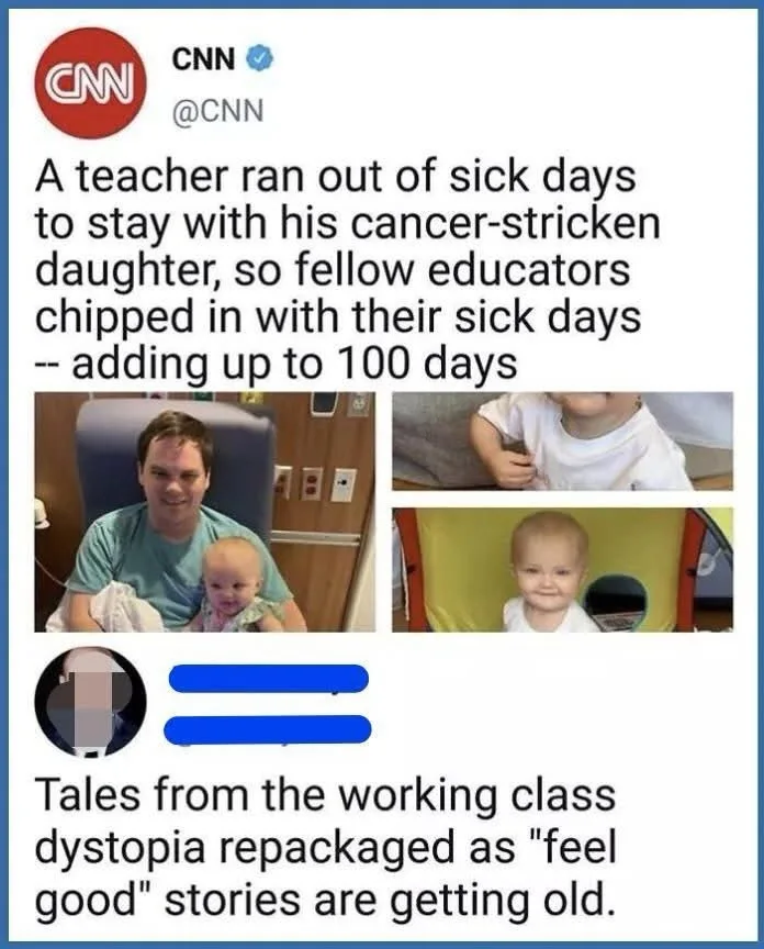 The image shows a screenshot of a CNN tweet about a teacher using colleagues' sick days to care for his sick daughter. Below…