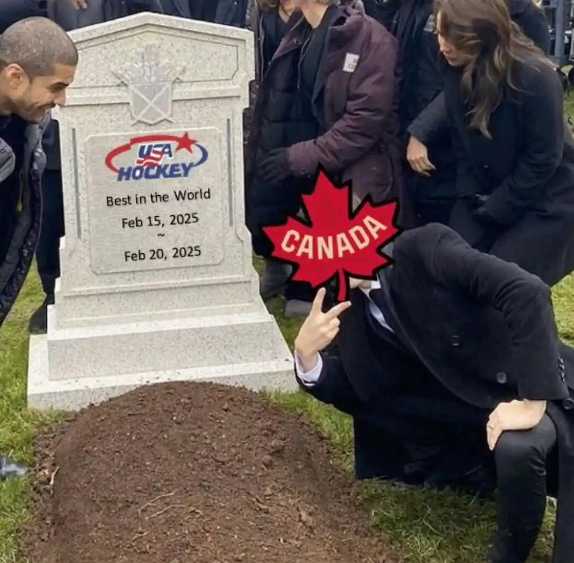 A person wearing a red maple leaf with 'CANADA' text is kneeling beside a freshly dug grave, making a peace sign. The…