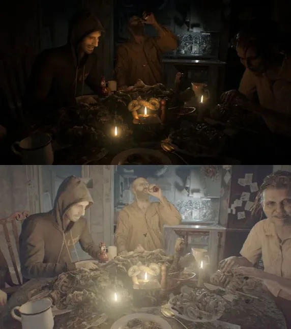 Two panels show three people at a candlelit dinner table covered in food. In the top panel, they appear normal. In the…