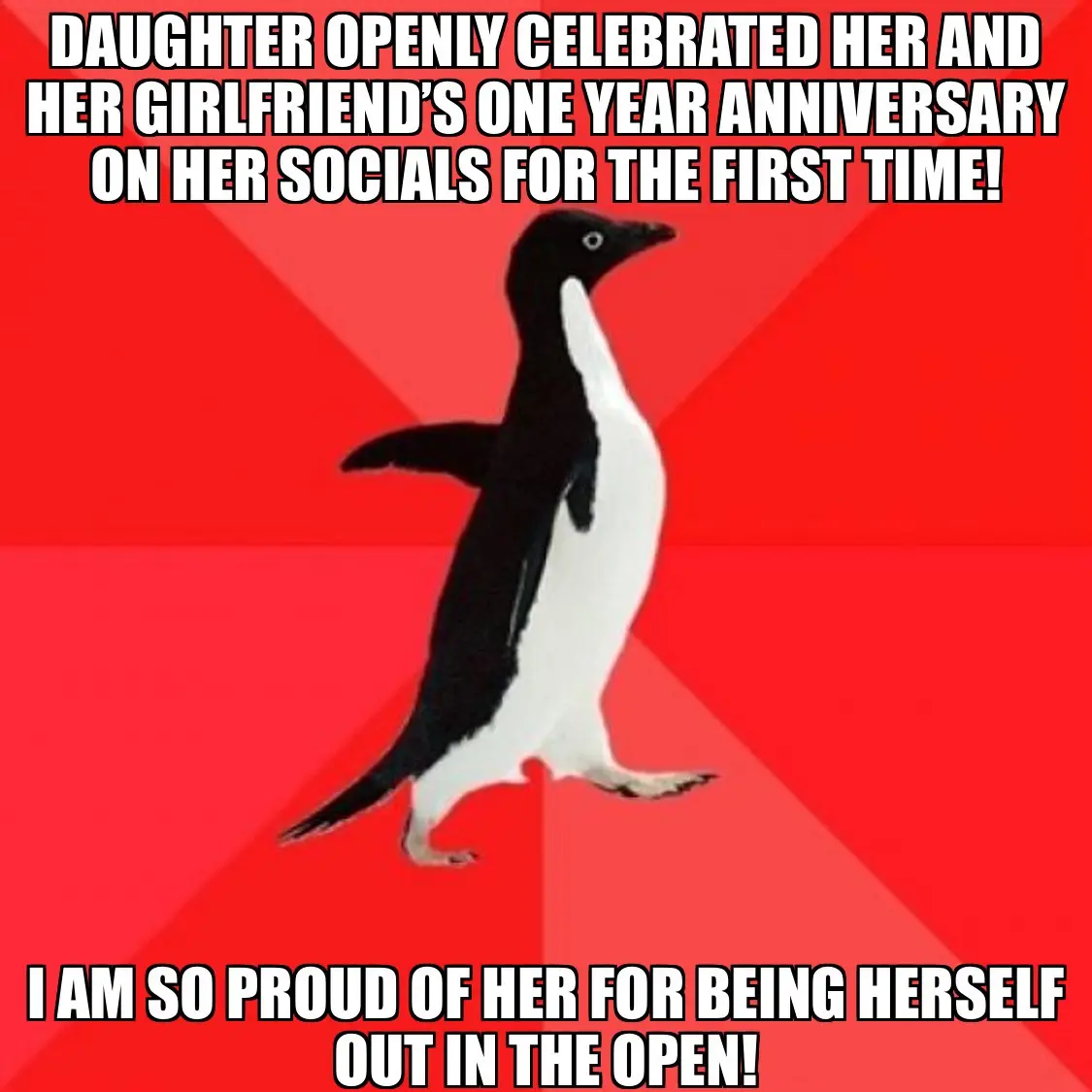 A penguin stands against a red background with bold white text. The top text reads 'DAUGHTER OPENLY CELEBRATED HER AND HER…