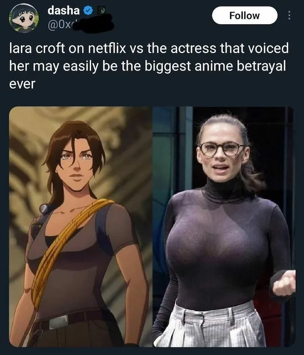 The image displays a side-by-side comparison: on the left, an anime-style illustration of Lara Croft with brown hair and a…