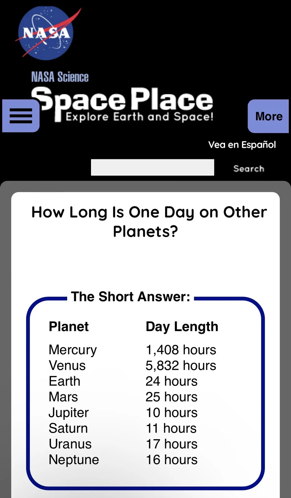 A screenshot of the NASA Space Place app showing a chart titled 'How Long Is One Day on Other Planets?' listing day lengths…