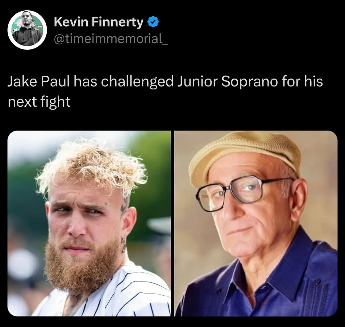 The image displays a side-by-side comparison of two men: on the left, Jake Paul, a young man with a blonde mullet, beard…