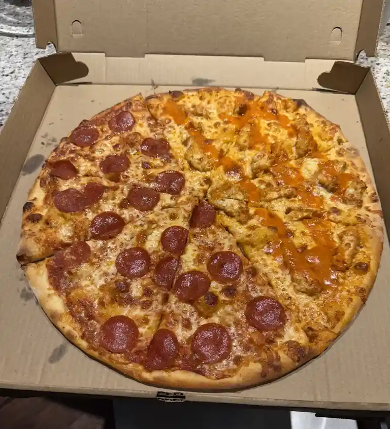 Pizza Perfection: Half Pepperoni, Half Buffalo Chicken