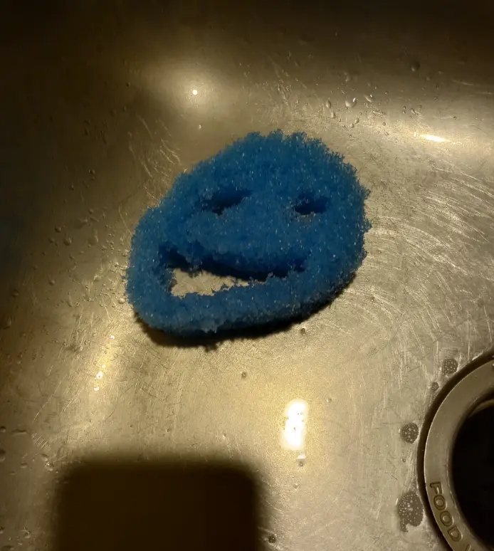 a blue, worn-out sponge with a crudely formed smiling face sits in a stainless steel sink, its texture and shape resembling…