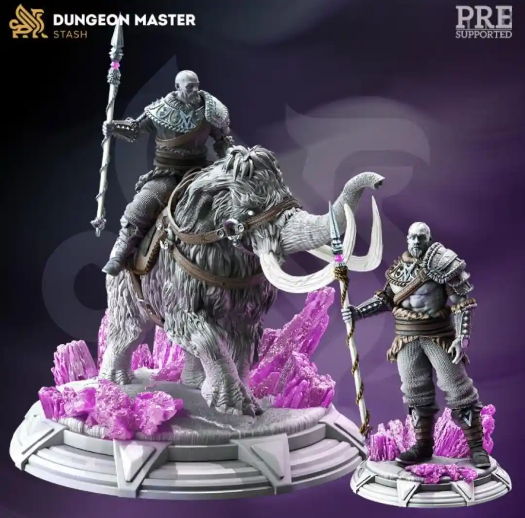 A promotional image for a fantasy miniature set from Dungeon Master Stash, showing two identical armored figures: one…