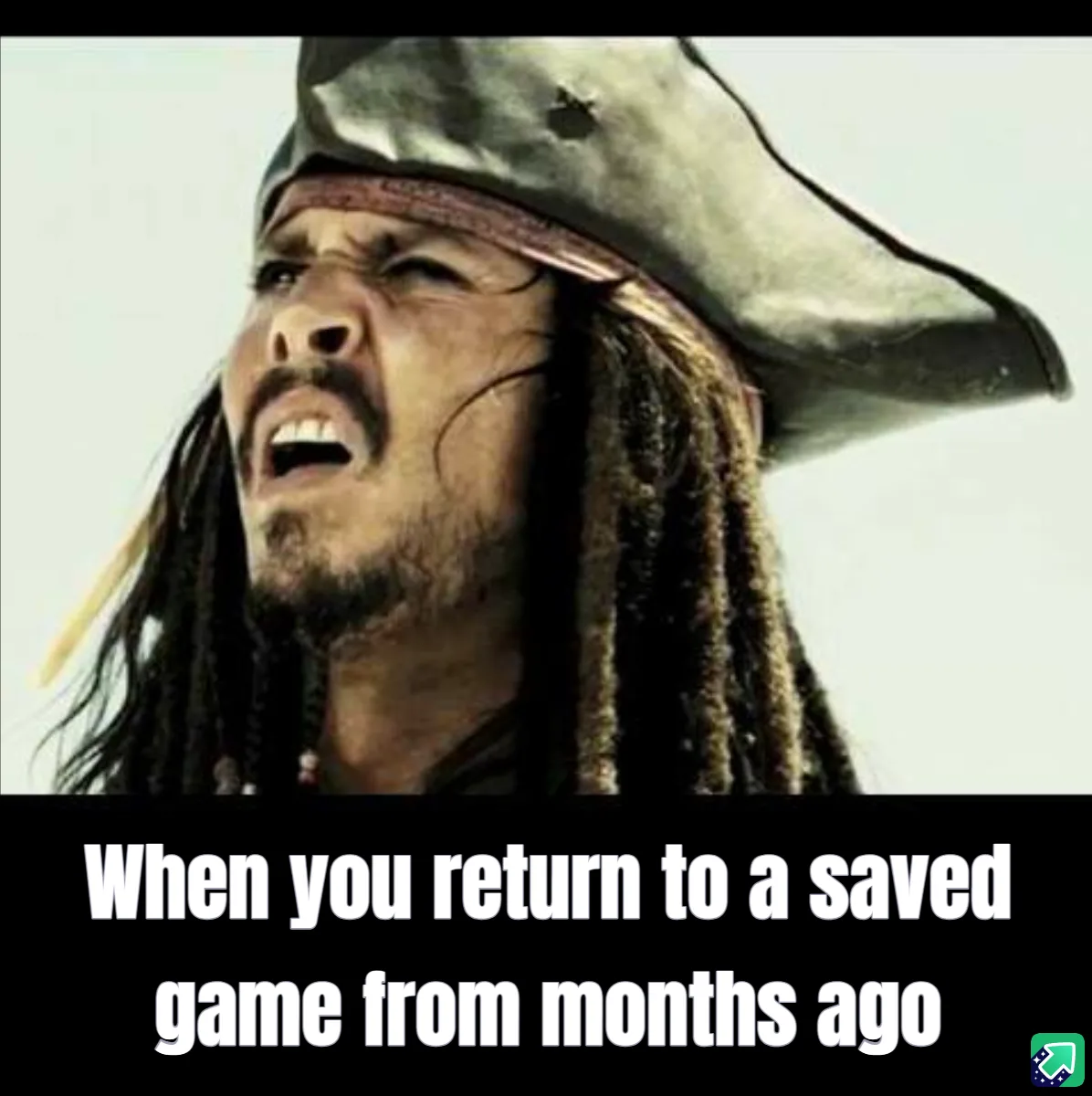 A close-up image of Johnny Depp as Captain Jack Sparrow from the Pirates of the Caribbean films, showing him with a shocked…