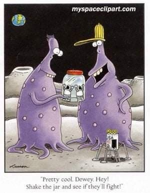 Two purple, spotted, cartoonish aliens stand on a barren, rocky planet. One alien, wearing a yellow hat, holds a glass jar…