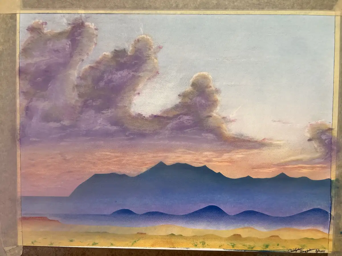 A painting of a serene landscape with layered mountains under a soft, colorful sky, overlaid with the text 'i'm not crying…
