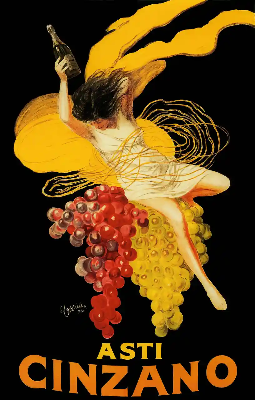 A vintage 1920s Art Deco poster by Luigi Gabbrielli depicts a dynamic, flowing figure in a yellow gown, holding a bottle of…
