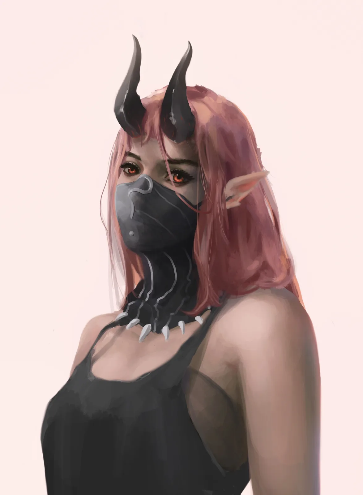 A digital illustration of a young woman with pink hair, red eyes, and black horns, wearing a black face mask and a black…