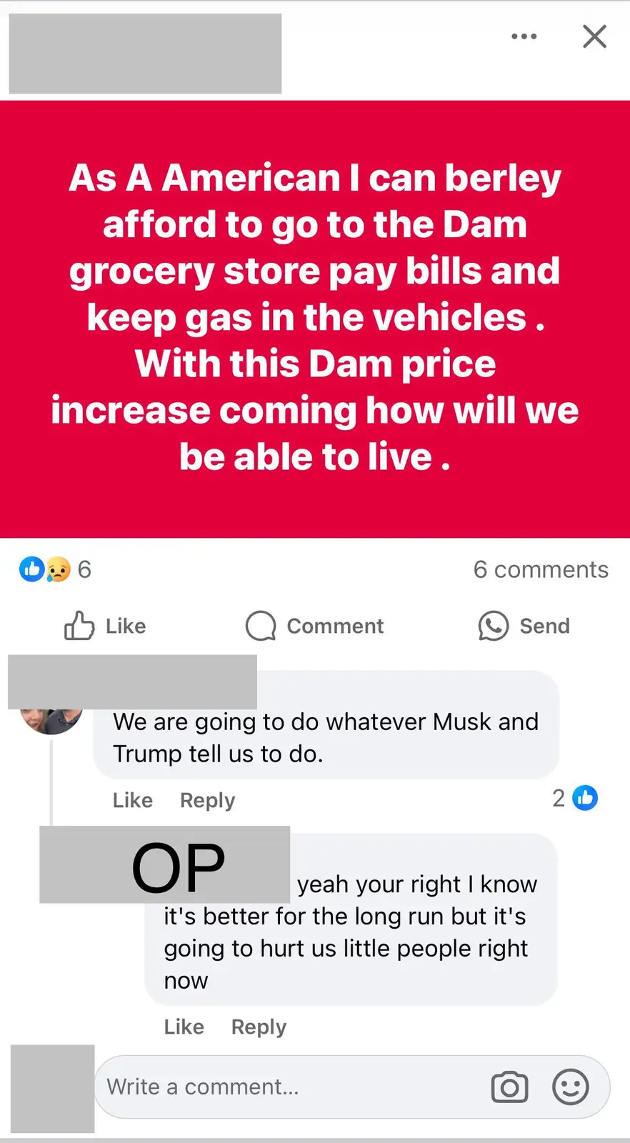 A screenshot of a Facebook post with a red banner containing white text that reads 'As A American I can berley afford to go…