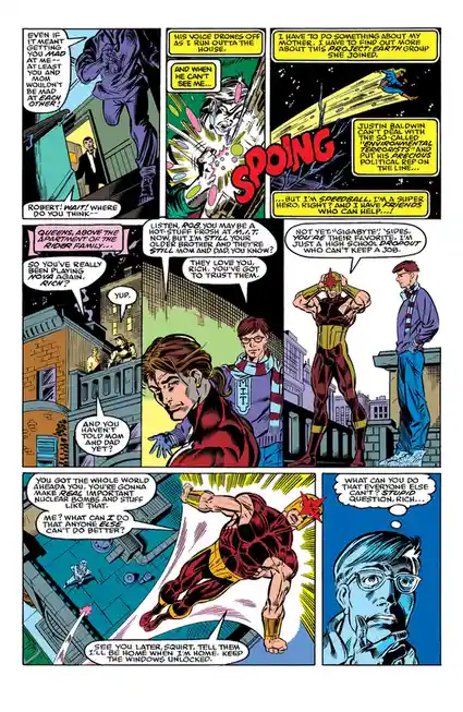 A comic book page featuring characters from the 'Speedball' series, showing a young man in a superhero costume flying…