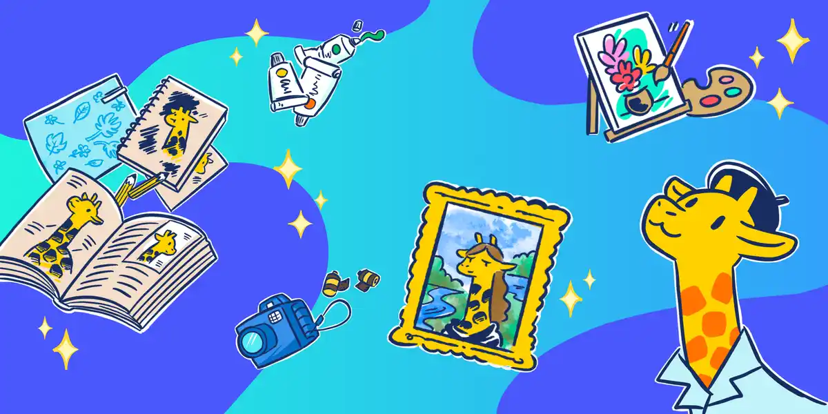A colorful cartoon illustration shows a yellow giraffe wearing a black beret and light blue shirt, looking up proudly…