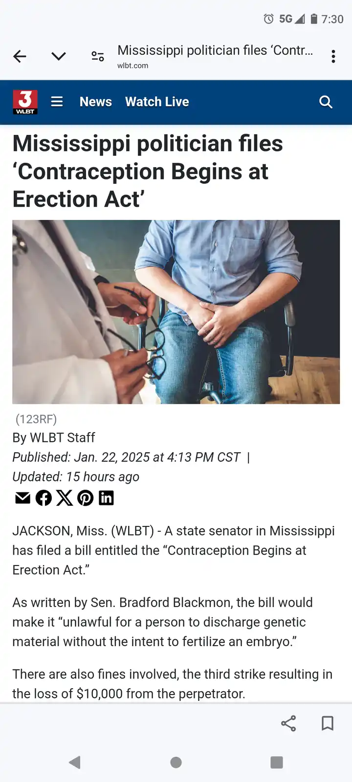 A screenshot of a news article from WLBT.com shows a headline about a Mississippi politician filing a bill called the…
