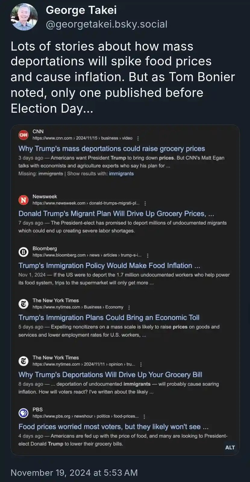 A screenshot of a social media post by George Takei showing a list of news headlines from CNN, Newsweek, Bloomberg, The New…