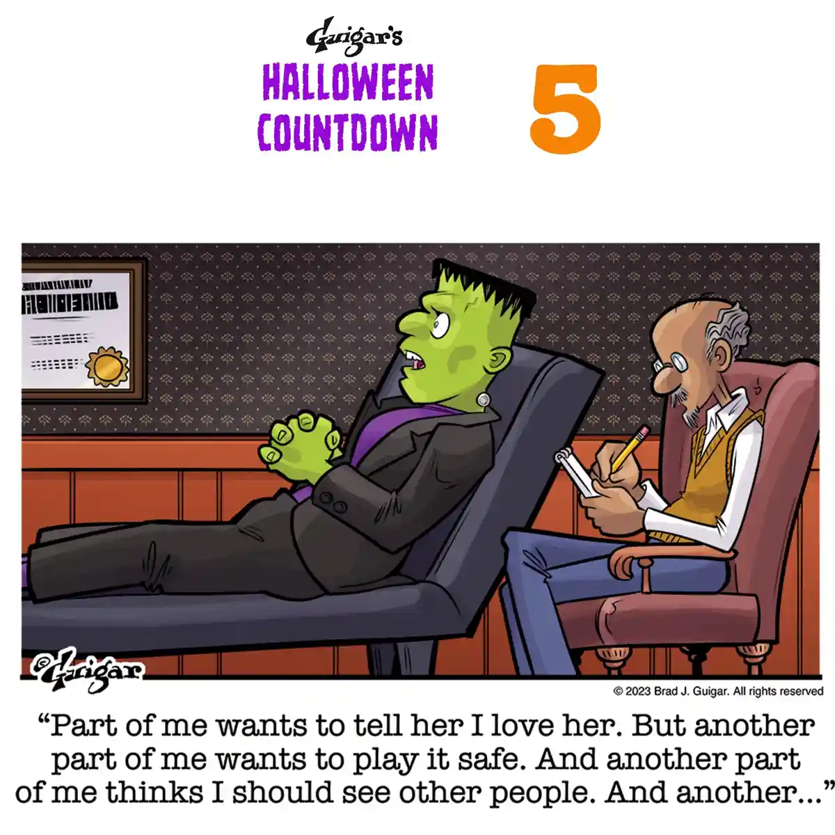 A cartoon Frankenstein's monster sits on a therapist's couch, looking distressed while an older male therapist writes notes…