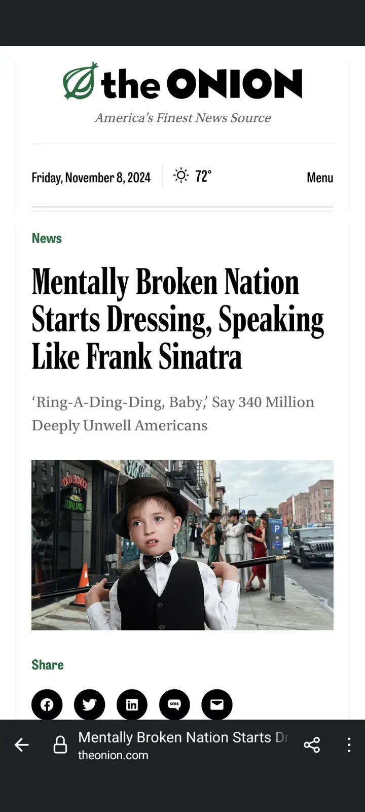 A screenshot of a fake news article from The Onion dated November 8, 2024, with the headline 'Mentally Broken Nation Starts…