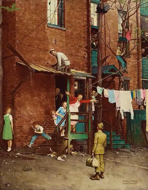 A vintage Norman Rockwell painting depicts a soldier in uniform returning home, carrying a duffel bag, while a crowd of…