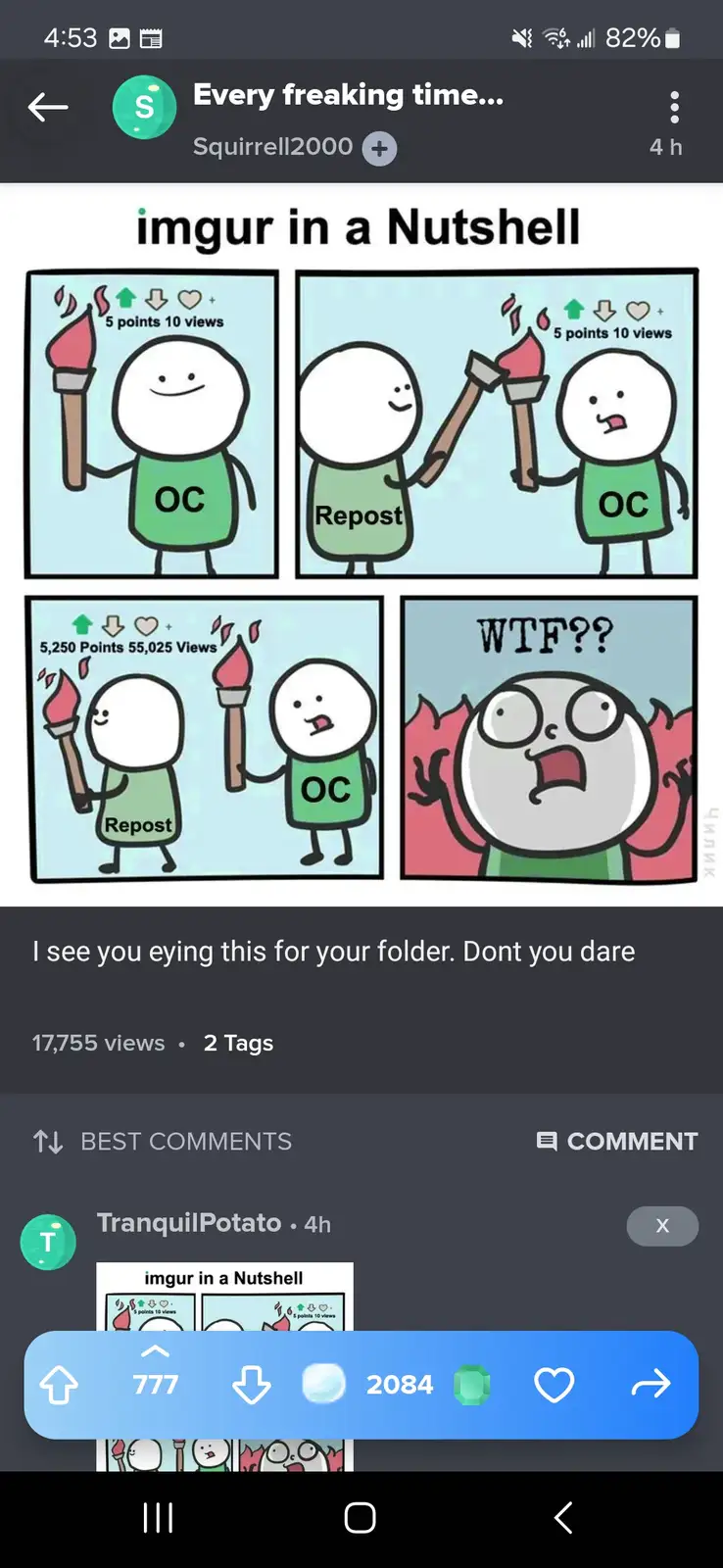 A four-panel comic titled 'imgur in a Nutshell' shows a character labeled 'OC' with a torch, then a 'Repost' character joins…