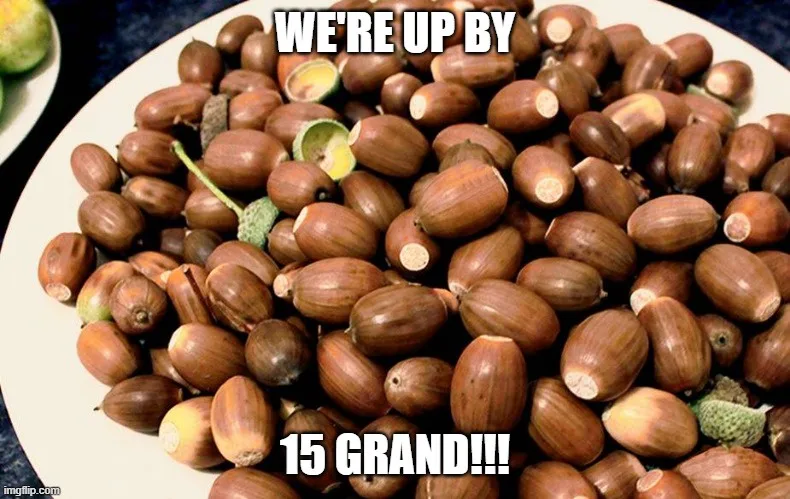 A white plate is piled high with acorns, some still in their green caps. Bold white text with black outline reads 'WE'RE UP…