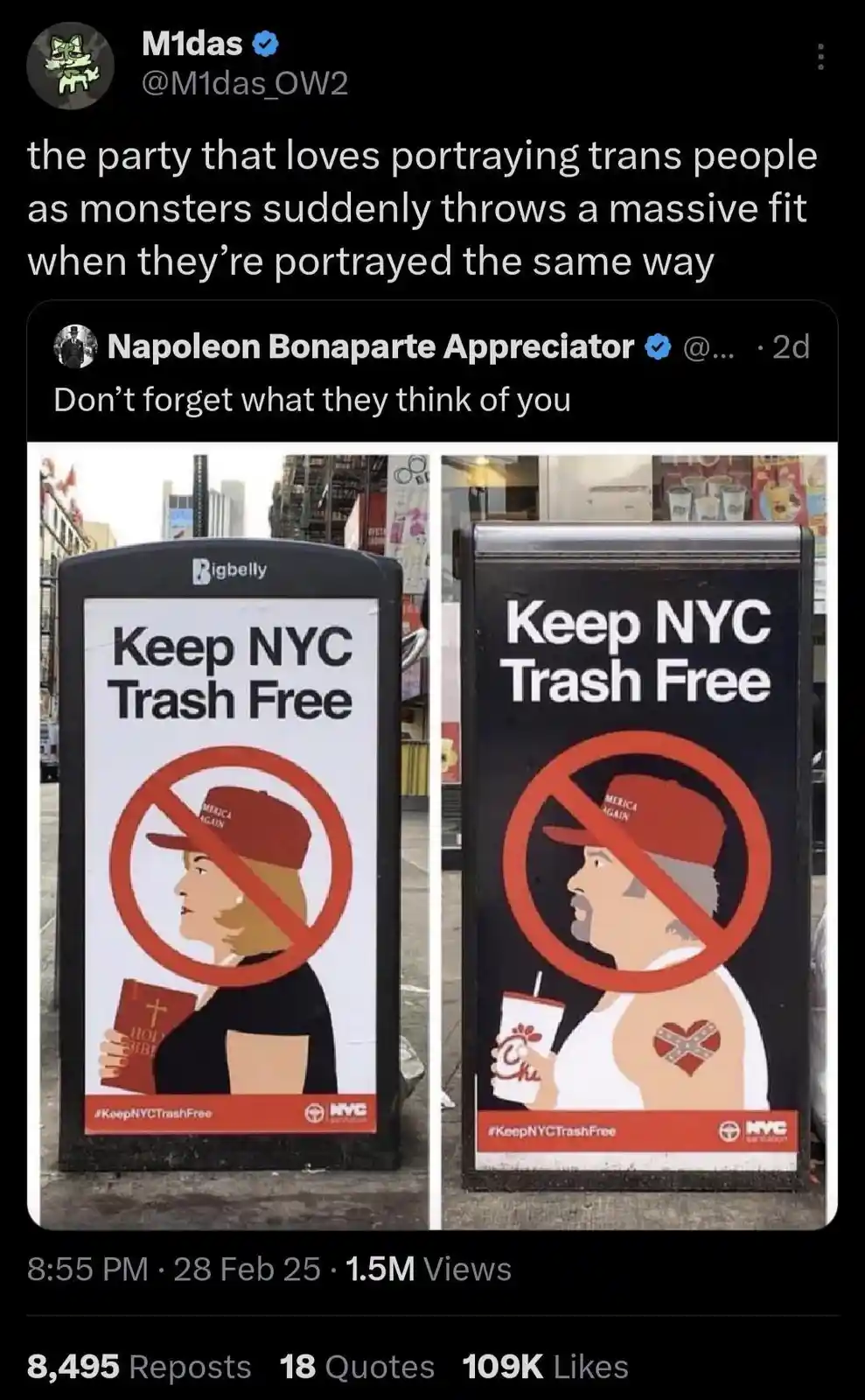 Two side-by-side NYC sanitation posters, each showing a cartoon person in a 'Make America Great Again' hat with a red…