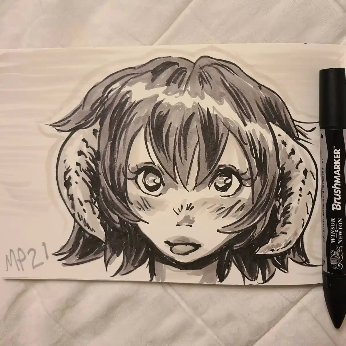 A hand-drawn anime-style portrait of a girl with large expressive eyes and short hair, wearing fluffy earmuffs, rendered in…